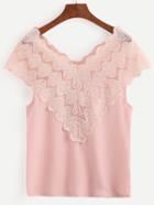 Shein Pink Embroidered Mesh V Neck Top