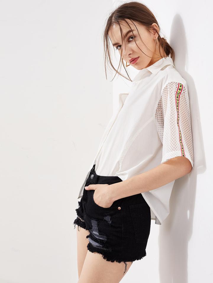 Shein Drop Shoulder Fishnet Sleeve Shirt