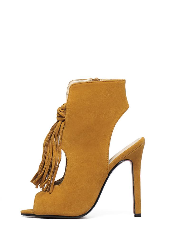 Shein Brown Faux Suede Tasselled Peep-toe Slingback Sandals