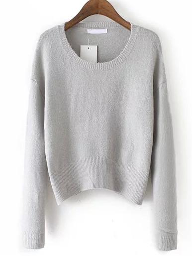 Shein Grey Round Neck Long Sleeve Crop Knitwear