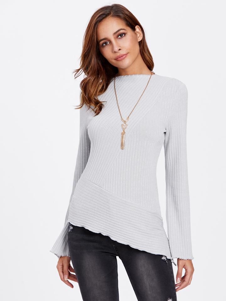 Shein Fluted Sleeve Cut And Sew Asymmetric Ribbed Tee