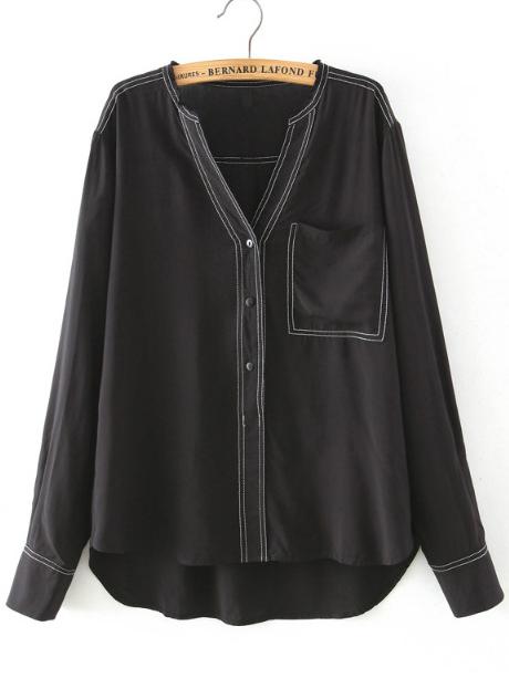 Shein Black V Neck Pocket Loose Blouse
