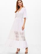 Shein White Flutter Sleeve Smocked Waist Crochet Insert Dress
