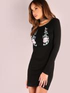 Shein Black Floral Embroidery Long Sleeve Bodycon Dress