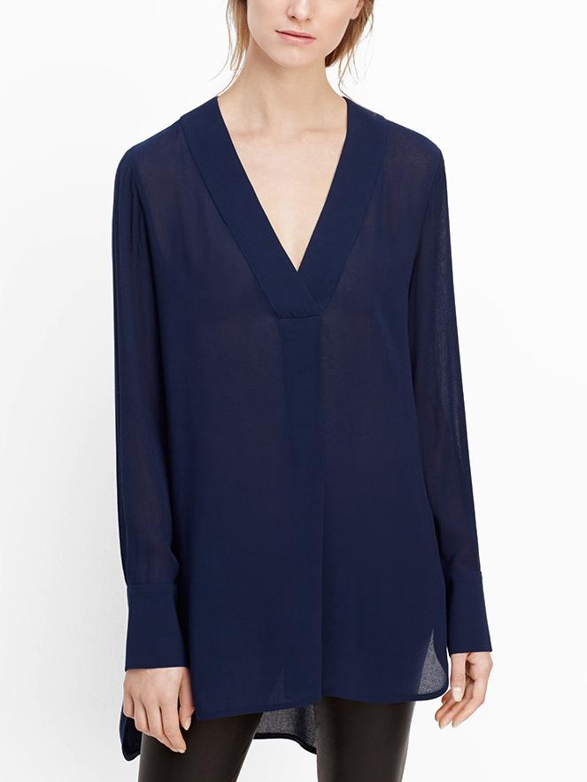 Shein Deep V Neck Dip Hem Chiffon Blue Shirt
