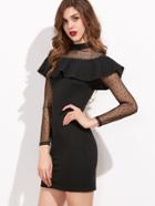 Shein Black Dotted Mesh Shoulder And Sleeve Ruffle Bodycon Dress