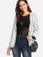 Shein Frayed Tape Trim Grid Blazer