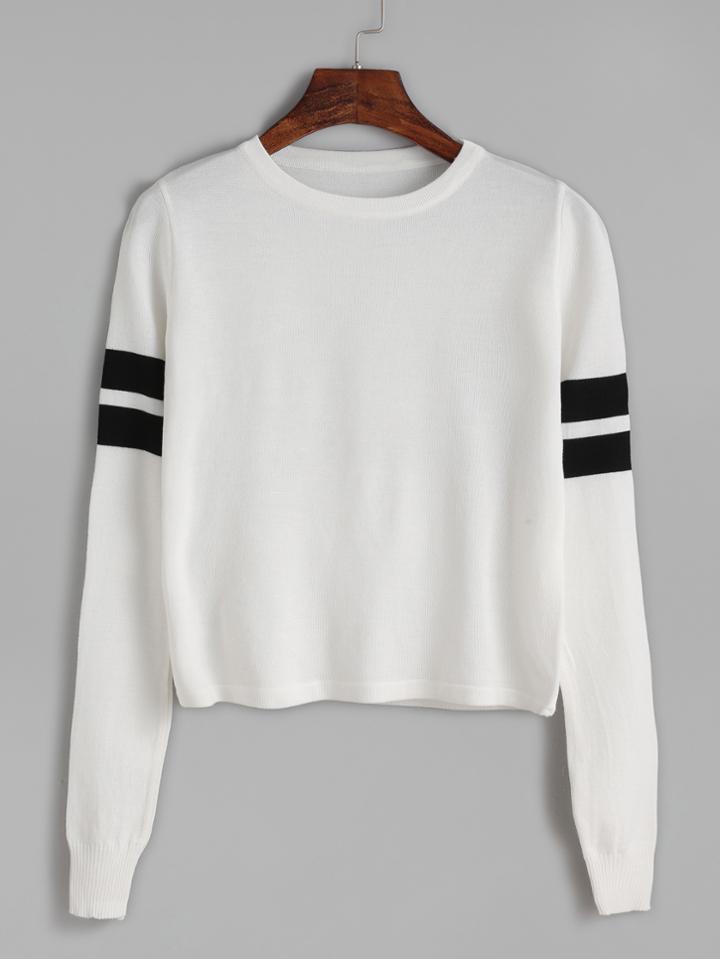 Shein White Striped Trim Long Sleeve Knitwear