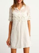 Shein White Short Sleeve Embroidered Chiffon Dress