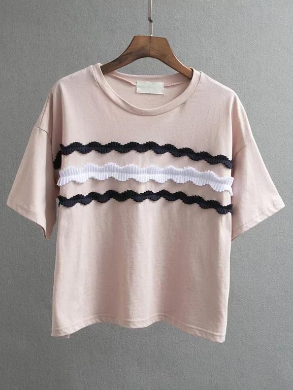 Shein Pink Appliqued Front Drop Shoulder T-shirt