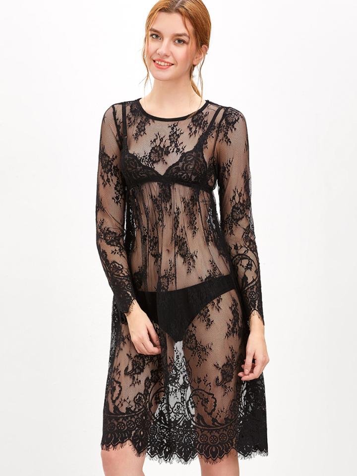 Shein Black Sheer Floral Lace Dress