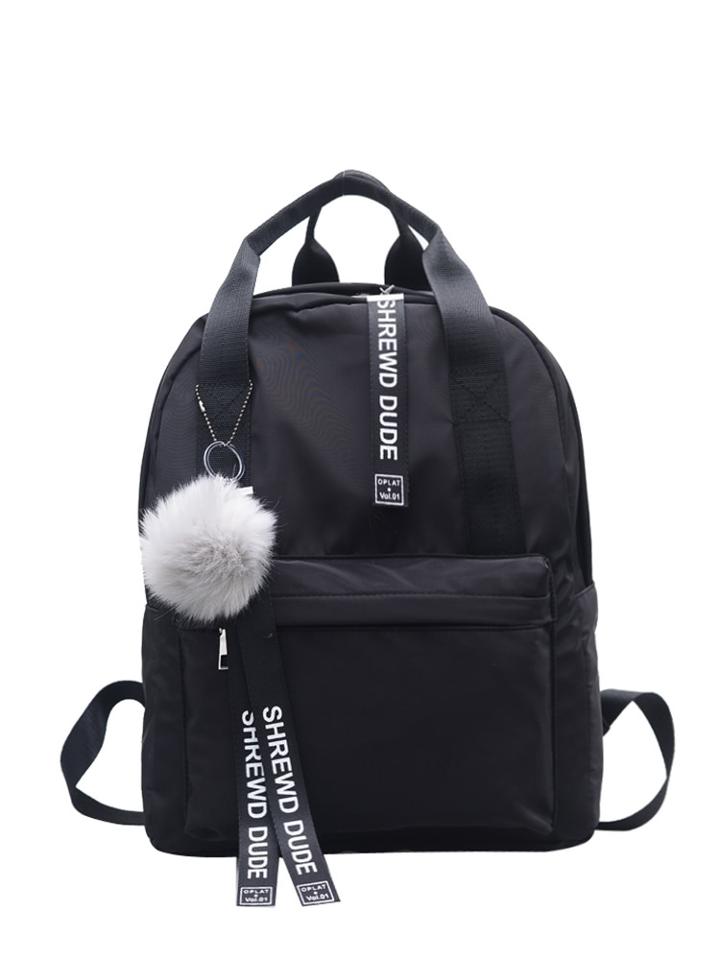Shein Slogan Ribbon & Pom Pom Decor Backpack