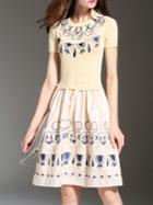 Shein Apricot Knit Embroidered A-line Dress
