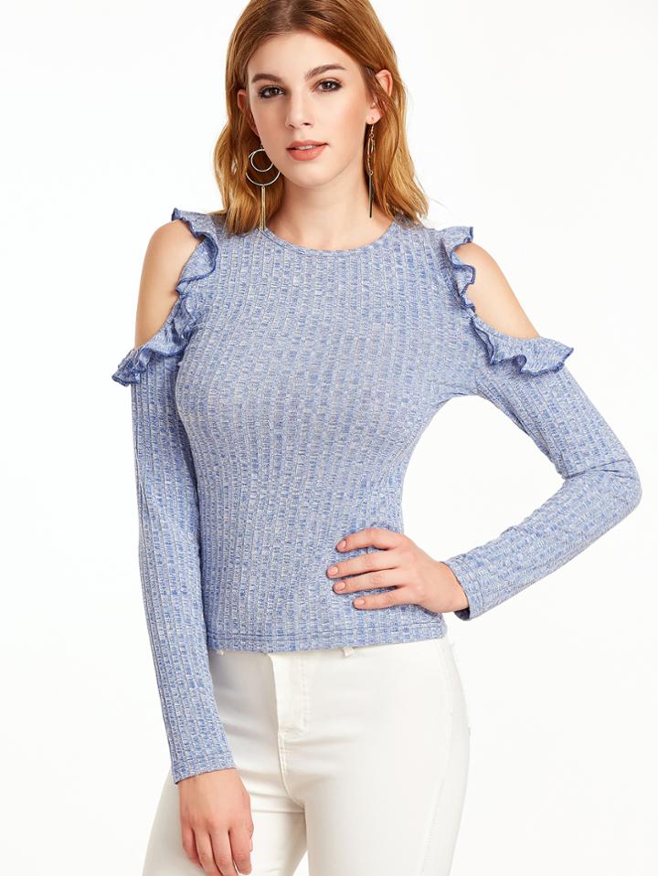 Shein Blue Marled Ribbed Knit Open Shoulder Ruffle T-shirt