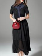 Shein Black Lapel Contrast Denim A-line Dress