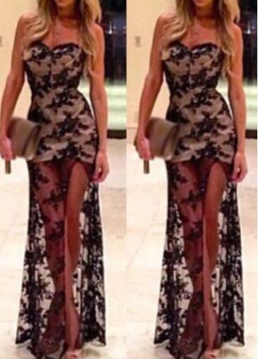 Rosewe High Waist Open Back Black Lace Dress