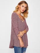 Shein Crisscross Neck Slit Dip Hem Marled Knit Top