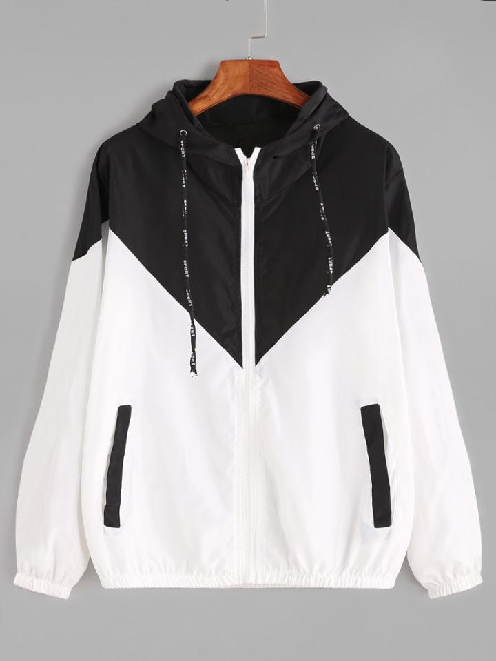 Shein Color Block Drawstring Hooded Zip Up Jacket