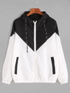Shein Color Block Drawstring Hooded Zip Up Jacket