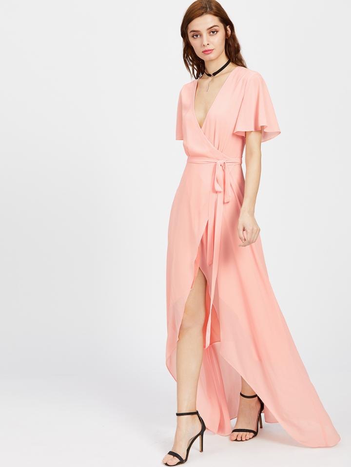Shein Flutter Sleeve Surplice Wrap High Low Dress