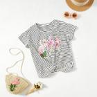 Shein Girls Flamingos Embroidered Striped Twist Top