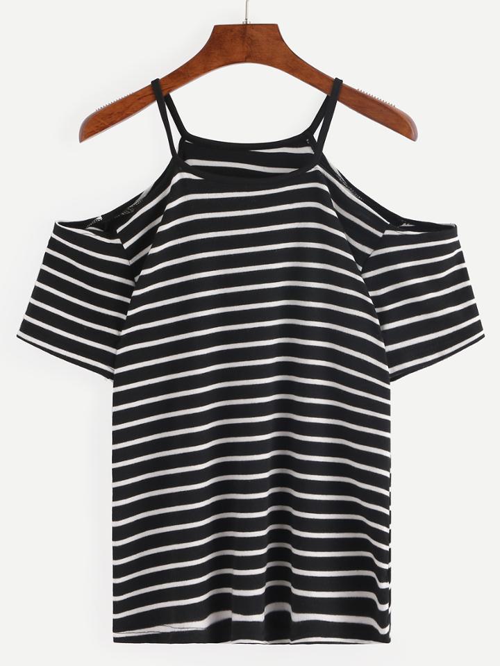 Shein Cold Shoulder Black White Striped T-shirt
