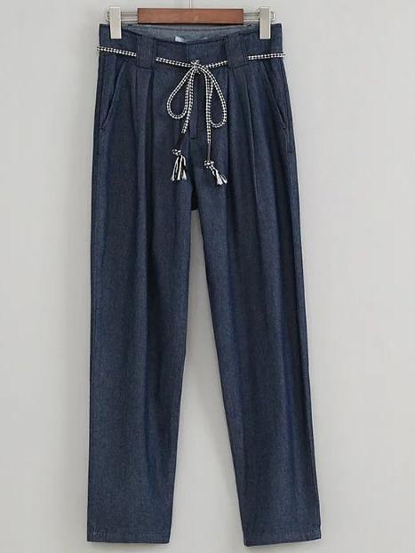 Shein Blue Tie Waist Pockets Denim Pants