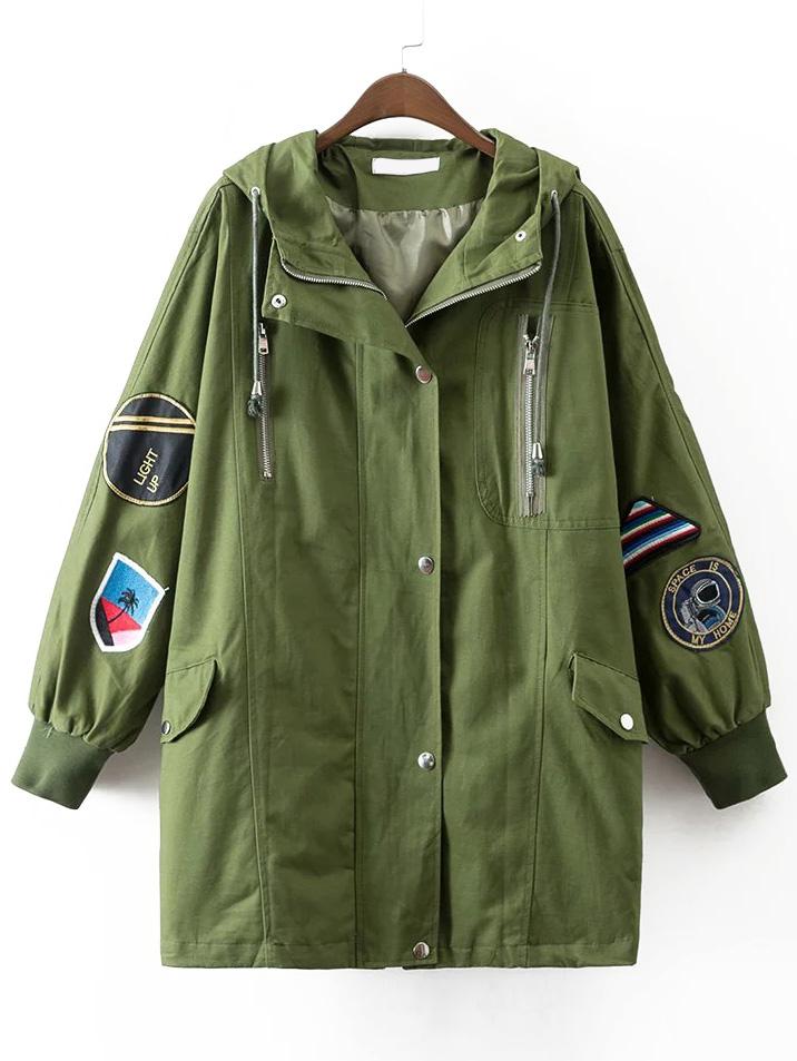 Shein Army Green Embroidery Drawstring Hooded Coat