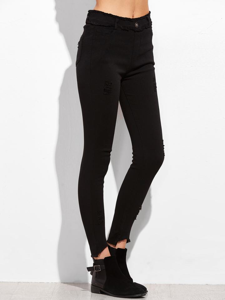 Shein Black Elastic Waist Frayed Skinny Pants