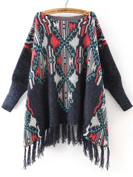 Shein Multicolor Batwing Sleeve Tassel Sweater