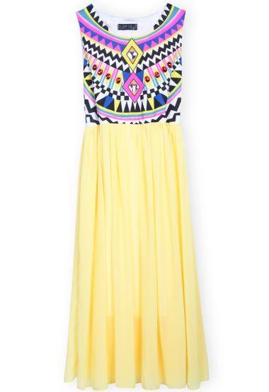 Shein Yellow Sleeveless Geometric Tribal Print Chiffon Dress