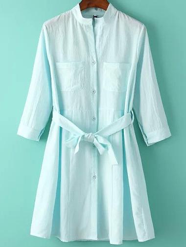 Shein Blue Stand Collar Tie-waist Pockets Shirt Dress