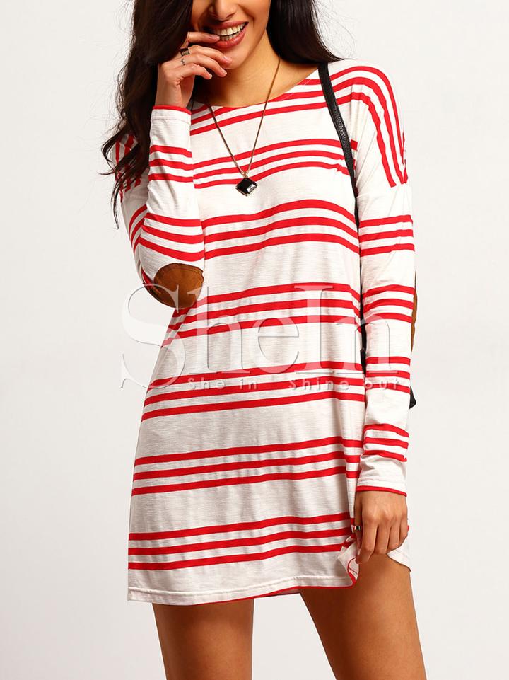 Shein White Striped Elbow Patch Shift Dress
