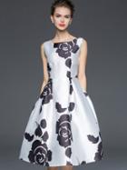 Shein Silvery White Round Neck Sleeveless Print Dress
