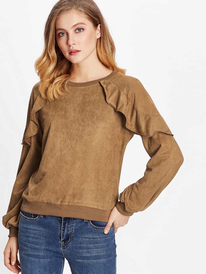 Shein Flounce Embellished Shoulder Suede Sweatshirt
