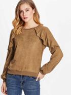 Shein Flounce Embellished Shoulder Suede Sweatshirt