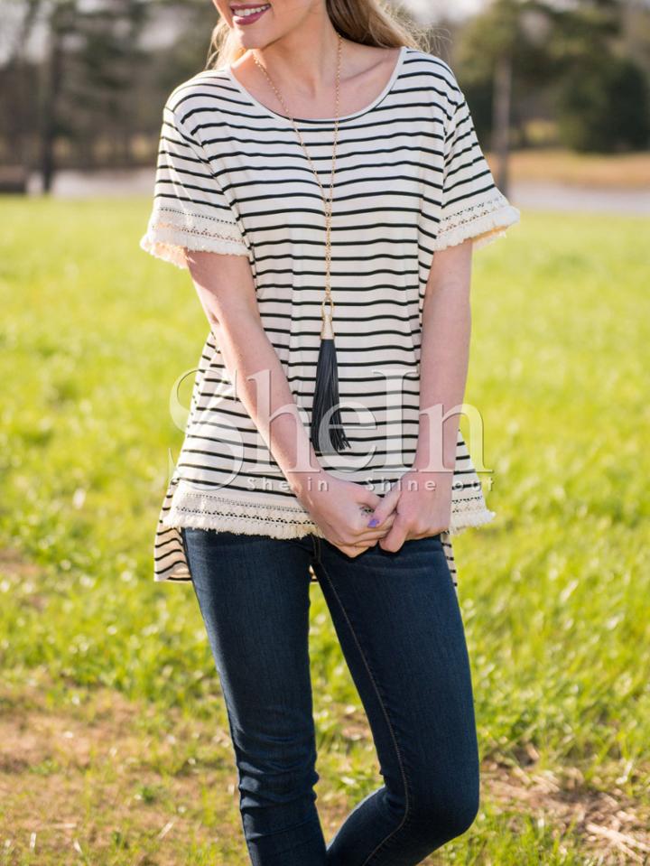 Shein Beige Black Stripe Lace Dip Hem T-shirt