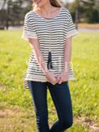 Shein Beige Black Stripe Lace Dip Hem T-shirt
