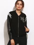 Shein Black Letter Patch Mixed Media Bomber Jacket