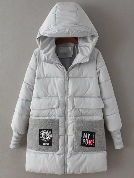 Shein Grey Hooded Padded Coat With Patch Pocket