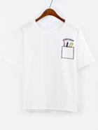 Shein Pen Embroidered Drop Shoulder White T-shirt