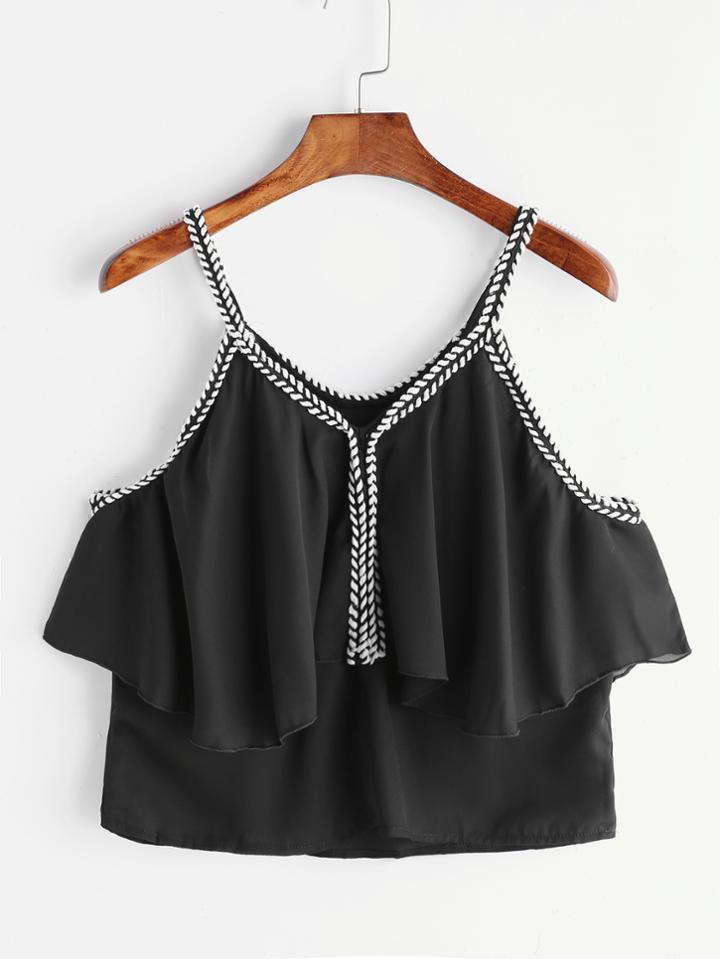 Shein Black Contrast Crochet Trim Ruffle Cami Top