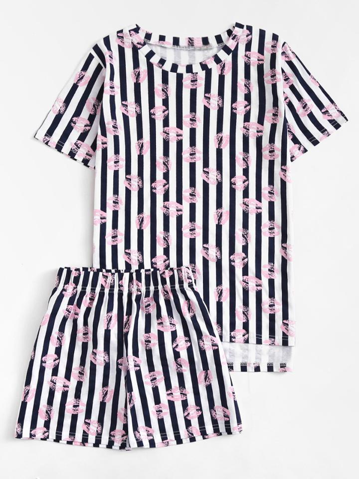 Shein Lip Print Striped Pajama Set
