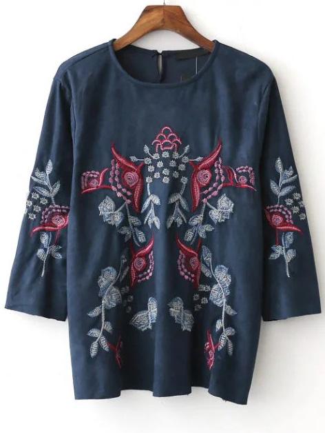 Shein Blue Embroidery Three Quarter Sleeve Suede Blouse