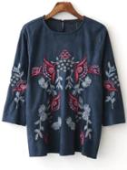 Shein Blue Embroidery Three Quarter Sleeve Suede Blouse