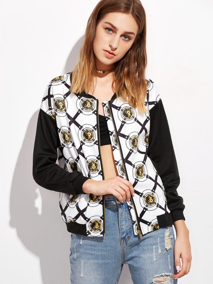 Shein Contrast Sleeve Lions Print Jacket