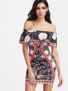 Shein Florals Off The Shoulder Layered Ruffle Bodycon Dress