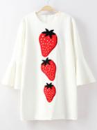 Shein White Bell Sleeve Zipper Back Strawberries Print Dress