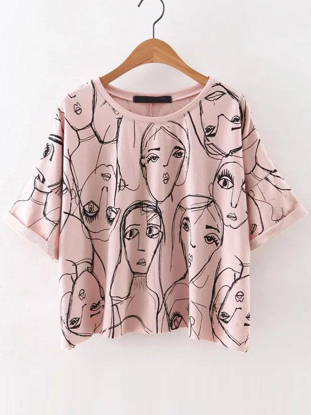 Shein Pink Portrait Print Roll Sleeve T-shirt