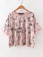 Shein Pink Portrait Print Roll Sleeve T-shirt